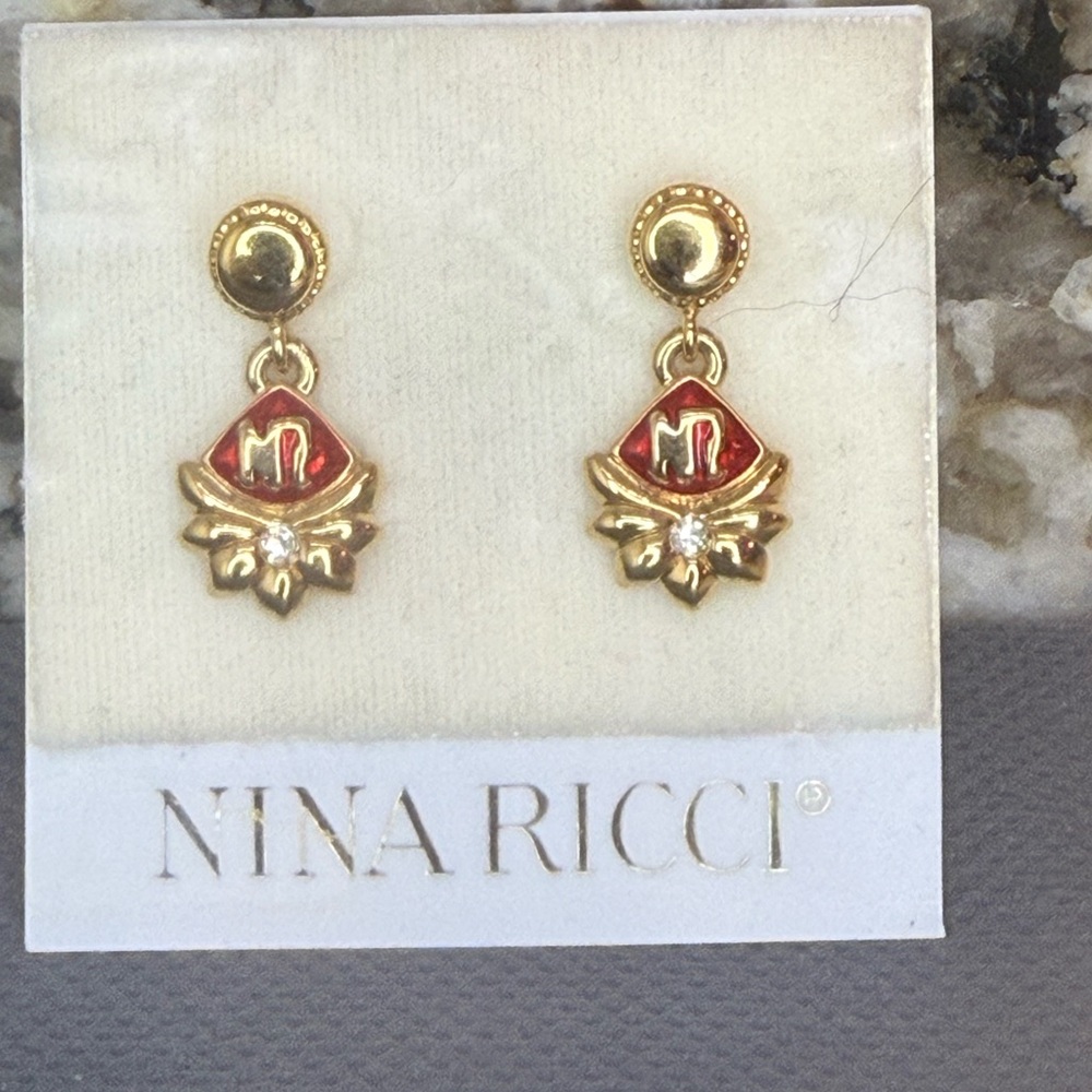 NWT Nina Ricci Swarovski Crystal Vintage Red and Gold Dangle Earrings - Picture 3 of 5